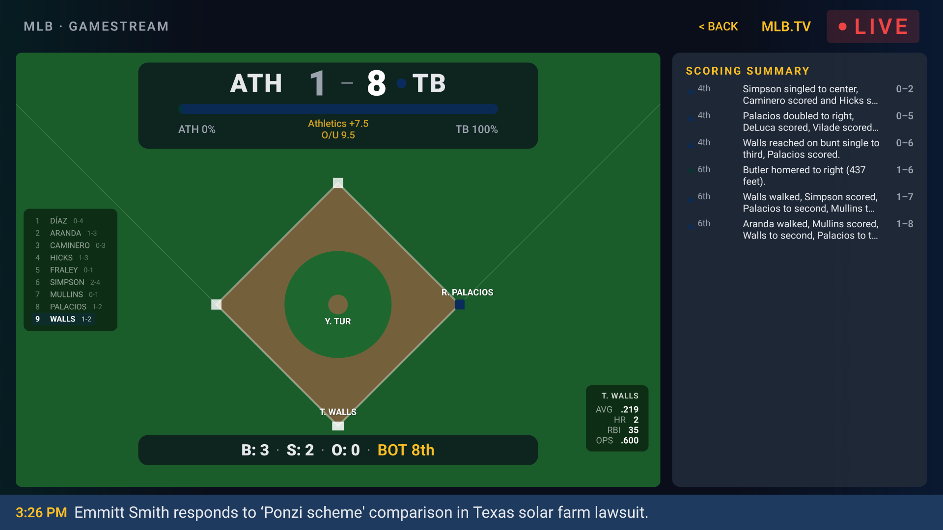 SportsBox GameStream MLB mode showing Athletics vs Tampa Bay — live baseball diamond with base runners, batting lineup, pitch count, and scoring summary