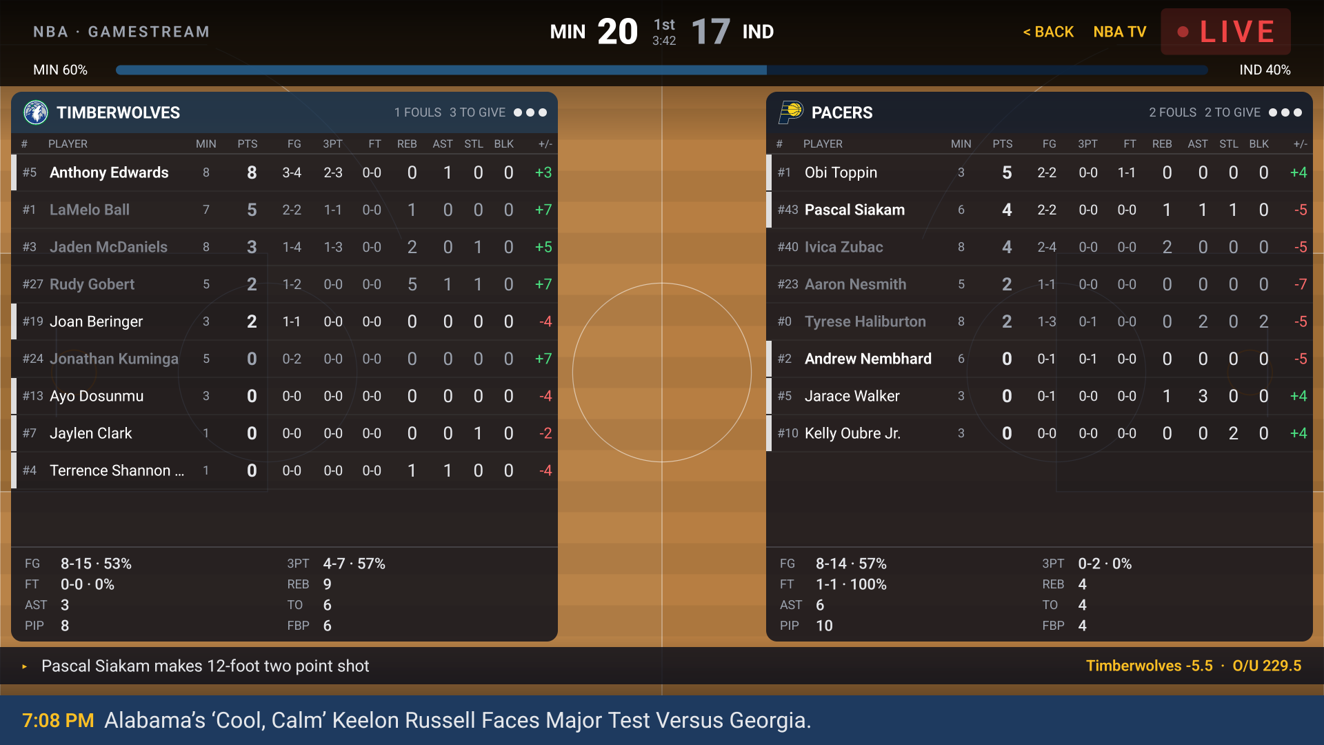 SportsBox GameStream NBA mode showing Timberwolves vs Pacers — live basketball court with full player stat tables, timeout indicators, win probability bar, and live odds